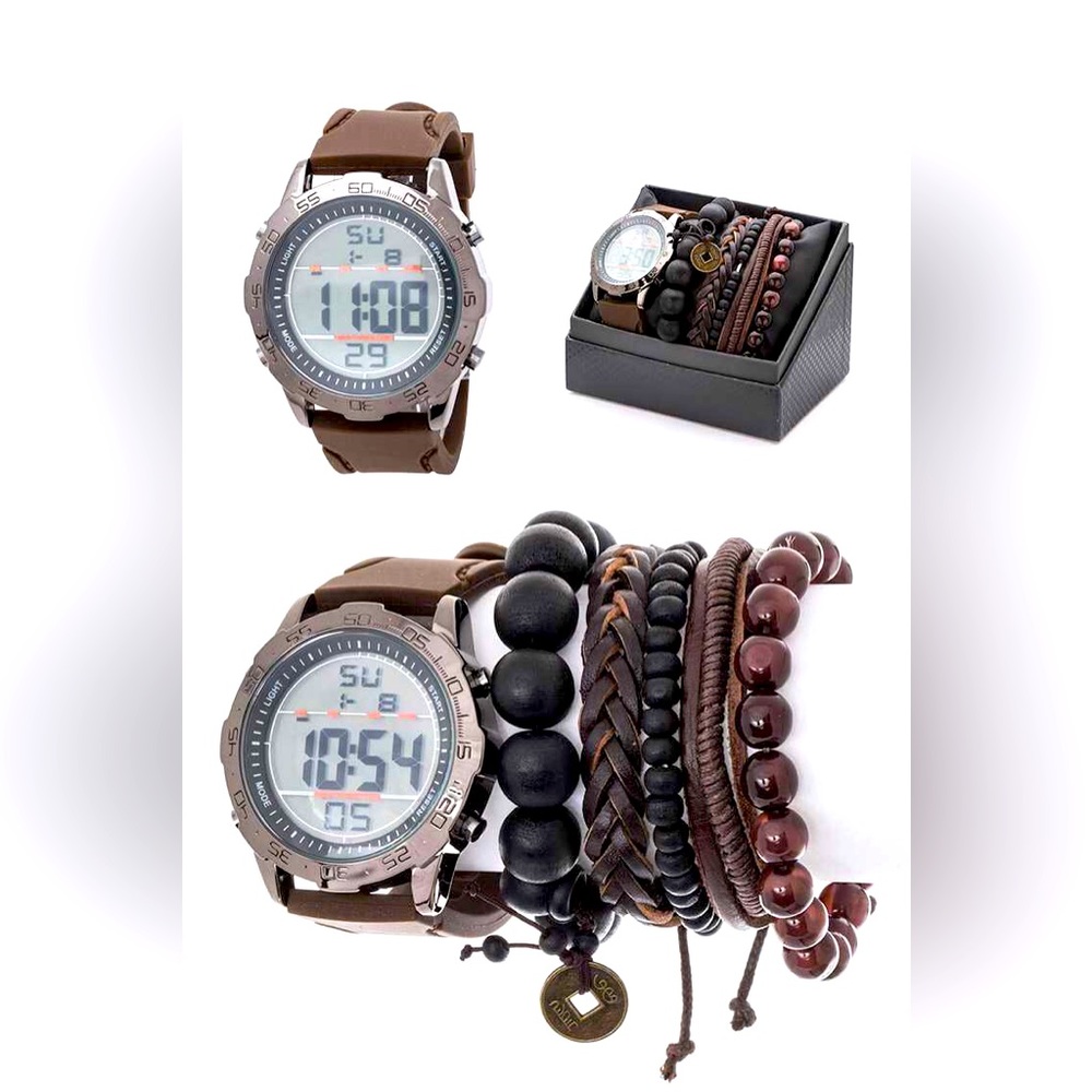 6 PC Digital Men's Genuine Leather Watch & Bead Bracelet Set